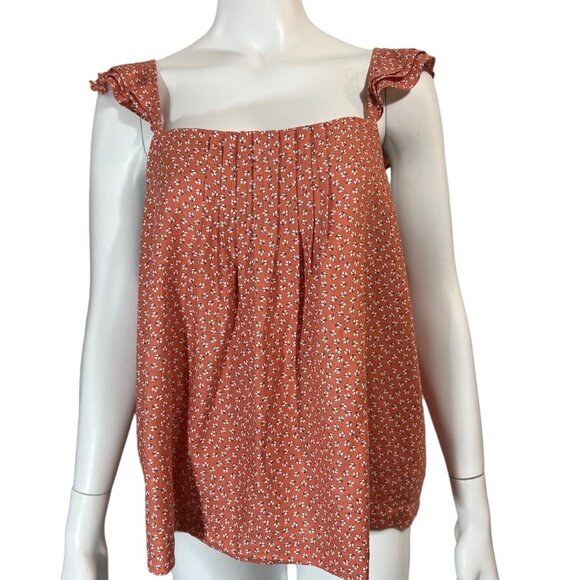Ann Taylor Linen Blend Top XL Coral  Pintuck Floral Sleevess Ruffle Strap NEW - Picture 1 of 10